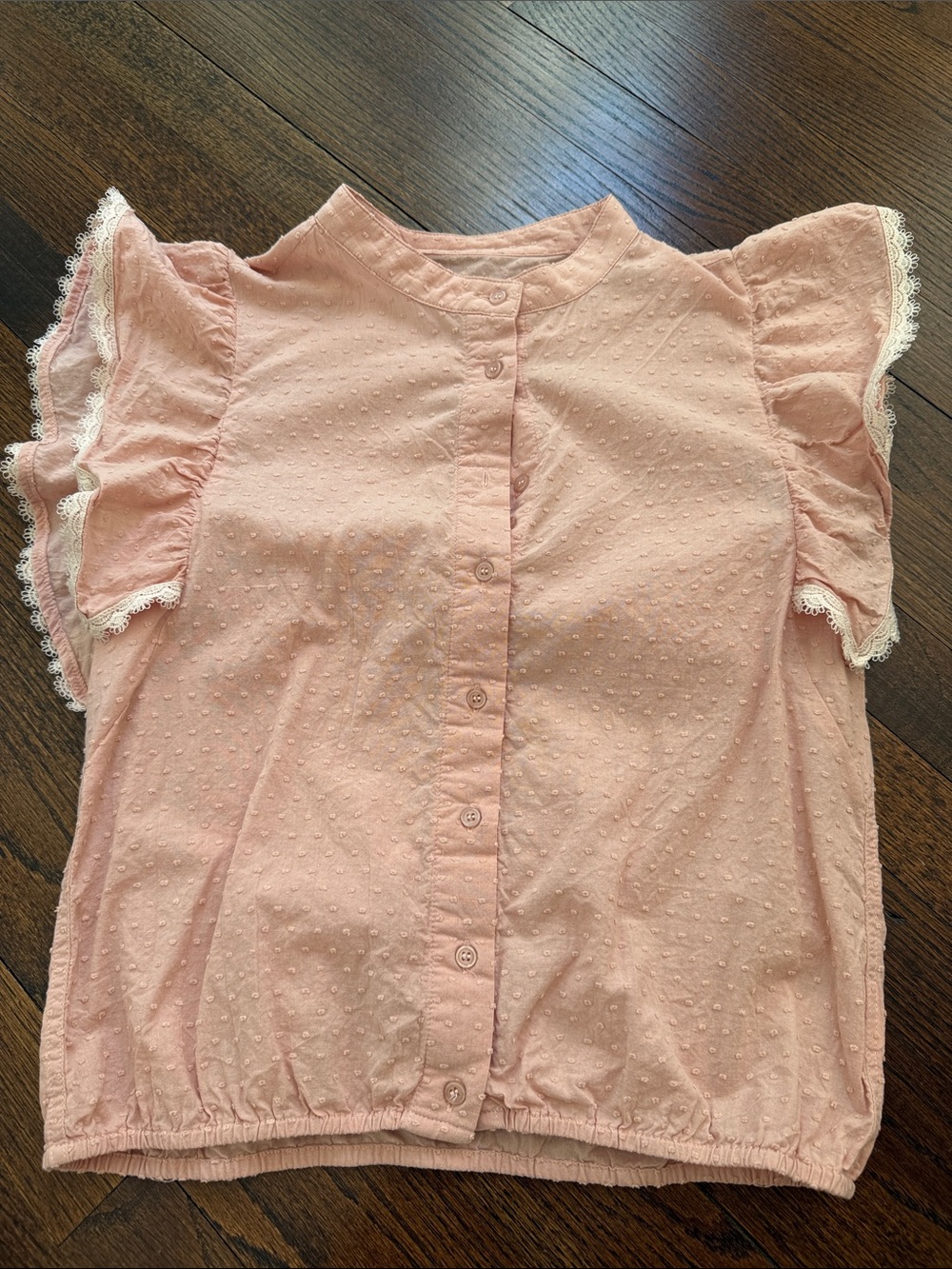 The Shirt by Rochelle Behrens Peach Swiss Dot Button-Front Top